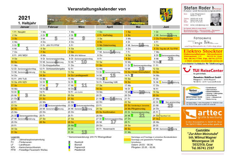 Veranstaltungskalender Werlau 2021